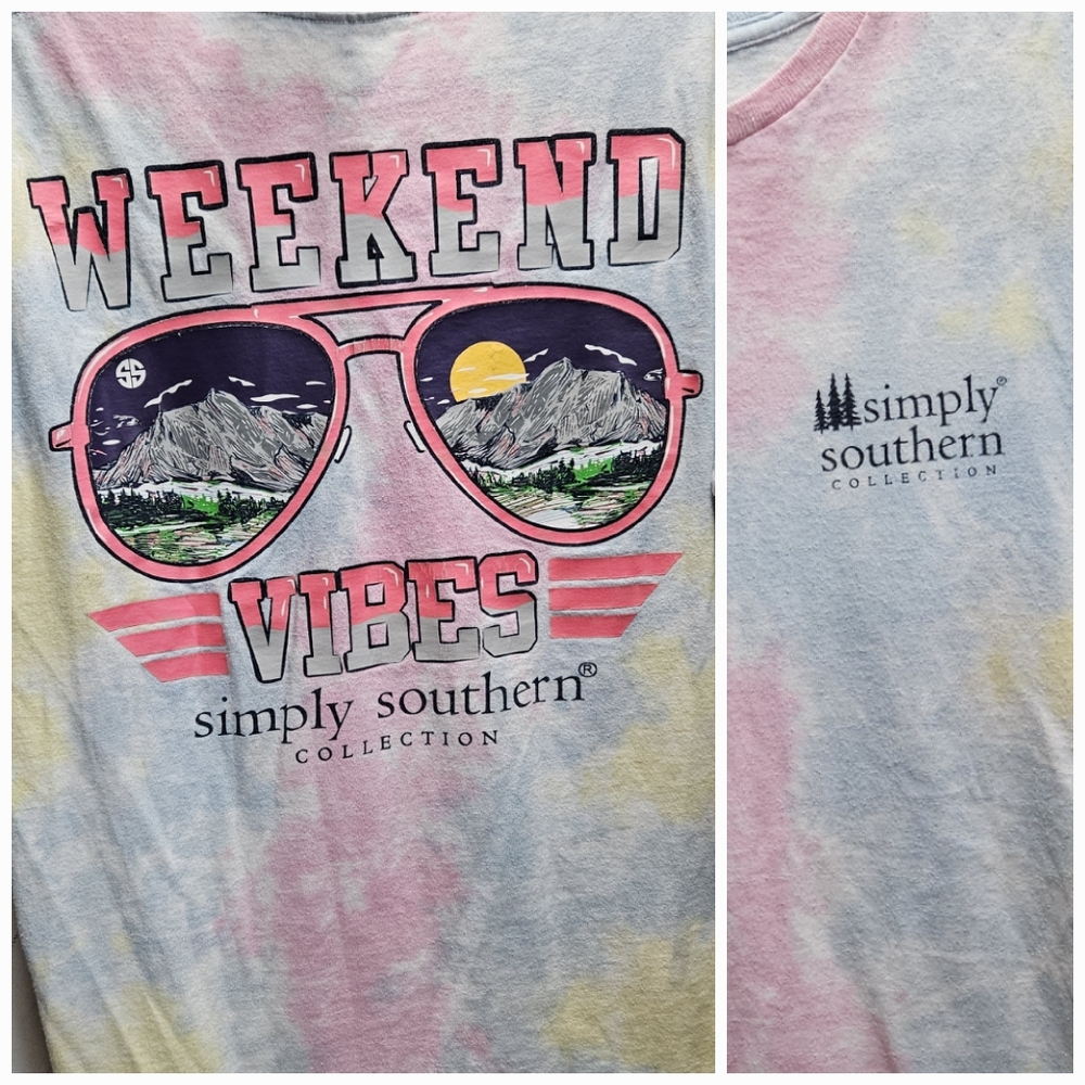 Simply Southern Weekend Vibes tie dye graphic tee shirt ~ womens medium